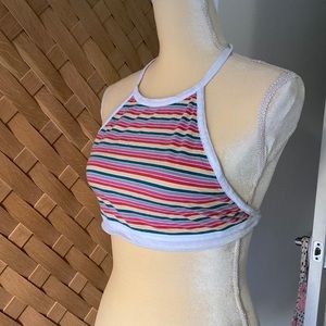 BACKLESS HALTER RAINBOW STRIPED TOP